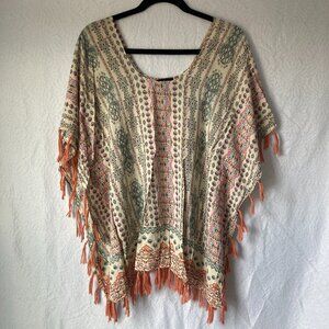 ANGIE Boho Mixed Print Poncho with Tassels One Size Fits Most